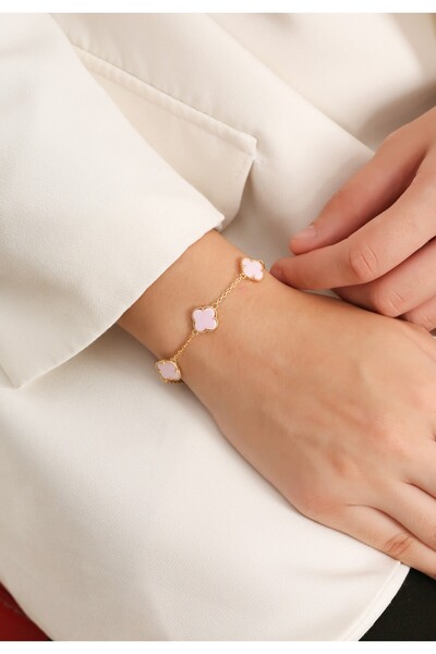 LİNOVE JEWELLERY 925 Ayar Gümüş Yonca Bileklik, Pembe Taşlı Yonca Bileklik, G...