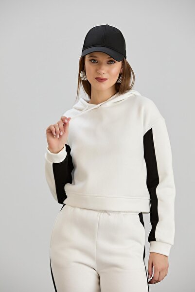 Sortie Hanorac pentru femei cu glugă Crop Ecru cu mânecă lungă tricou