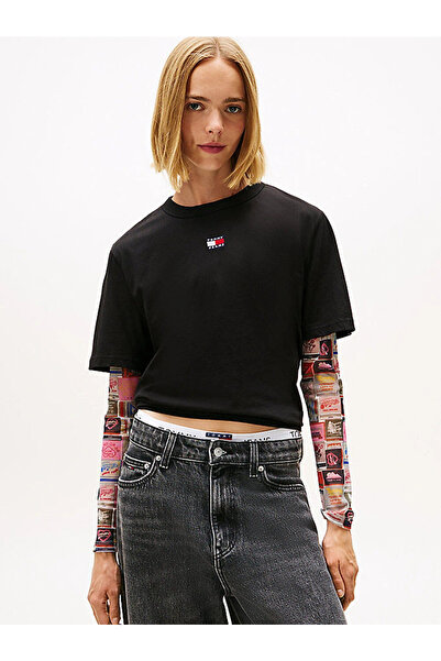 Tommy Hilfiger Tjw Emblem Box Cut Women's Black T-Shirt Dw0Dw22202Bds