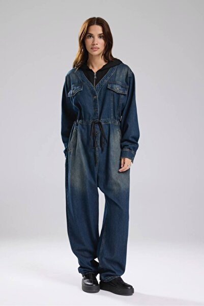 tw3 Women's Denim Fabric and Knitted Fabric Garnished Jumpsuit