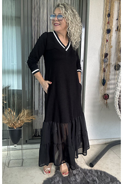 Dila Butik Eteği Şifon Detay Ribanalı Uzun Elbise