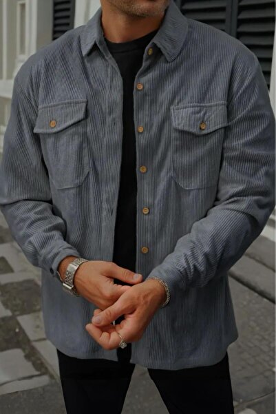 Oksit Linno Slim Fit Covered Double Pocket Corded Fabric Men's Velvet Shirt