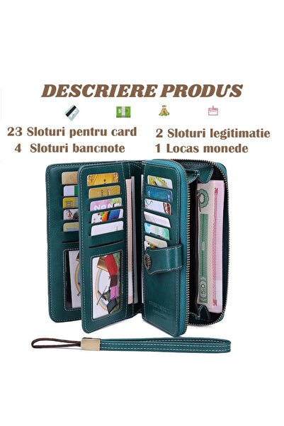 OptimStar Portofel de damă, piele naturală, blocare RFID, 19.5x11.5x3.5cm, 3 compartimente principale, albastru păun