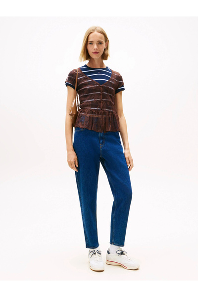 Tommy Hilfiger جينز أزرق نسائي من Mom ذو خصر عالٍ جدًا وقابل للانكماش حتى الك...