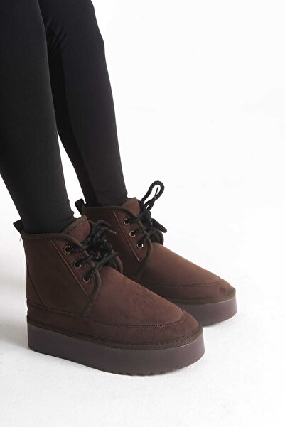 FEYZ BUTİK Thick Sole Fur Inside Suede Lace-Up Comfortable Women's Boots
