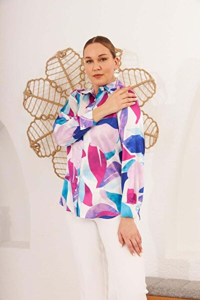 RMG Gamzemoda Leaf Printed Plus Size Shirt