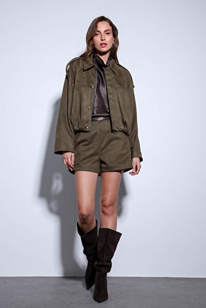 Antioch Khaki Suede Look Pleated Women's Shorts