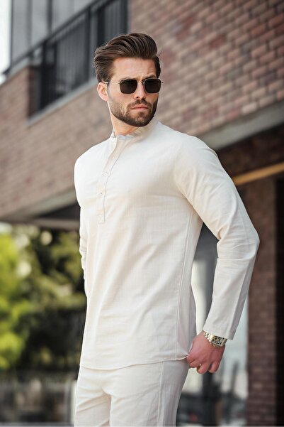 Madmext Beige 100% Cotton Linen Men's Shirt Set E7310