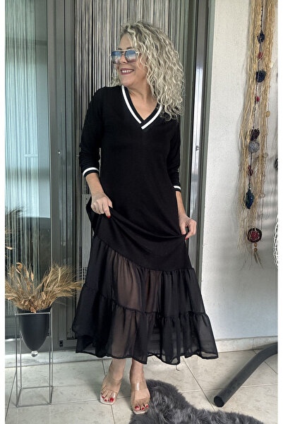 Dila Butik Eteği Şifon Detay Ribanalı Uzun Elbise