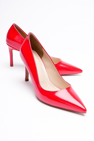 Mubiano حذاء نسائي بكعب عالٍ من الجلد اللامع 8 سم بمقدمة مدببة أحمر كارميلا