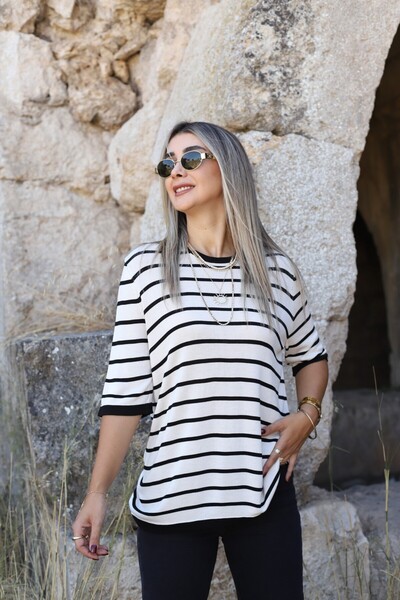 bytugcekaya Pulover cu mânecă scurtă cu dungi, mărime standard, negru crem