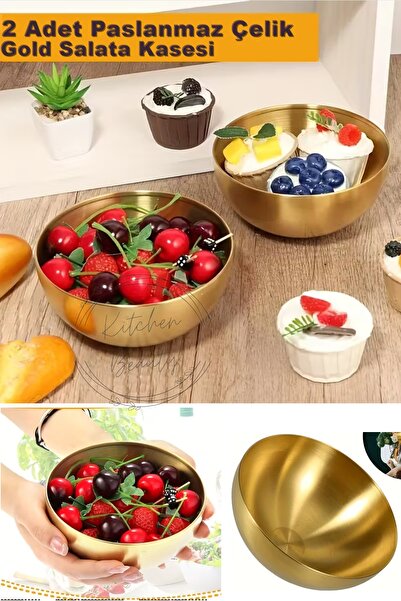 Kitchen Beauty 2 Adet Gold Paslanmaz Çelik Salata Kasesi 15 Cm Gold Çorba Kas...