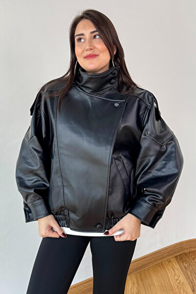 Cappmoda Ckt-250566 Black Lined Epaulet Bat Collar Elastic Waist Faux Leather Milan Jacket