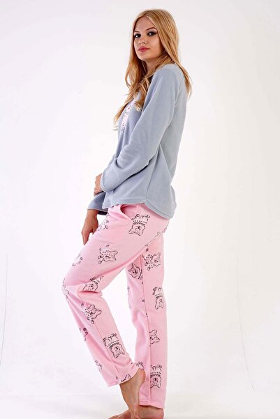 VİENETTA Kadın Taş Renk Uzun Kollu Bisiklet Yaka Düz Paça Polar Pijama Takımı C2T7N1303