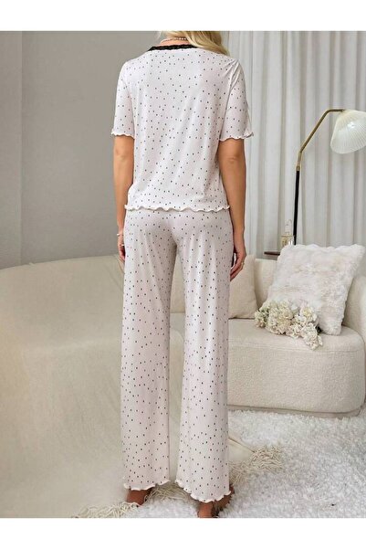 CSR HOMEWEAR Women's Short Sleeve Pants Pajama Set Lace Black Polka Dot Pajama Set Kub