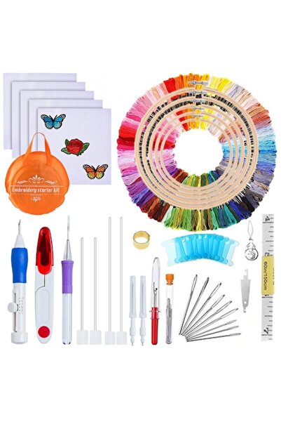 OptimStar Set de brodat, 100 de fire colorate, cercuri din bambus, materiale textile, accesorii -