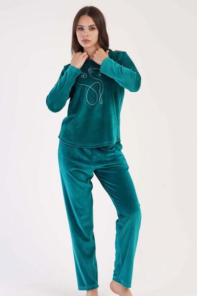 VİENETTA Set de pijamale pentru femei, culoare verde, cu decolteu, cu mâneci lungi, din catifea, cu picioare drepte C9T0N0603