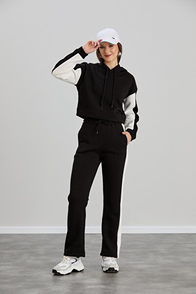 Sortie Hanorac crop cu panouri pentru femei cu glugă culoare neagră tricou