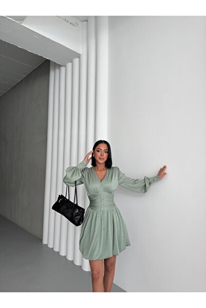 orjinal blue b Women's Celestia Dress Front Buttoned Simple Elegant Dress New Season