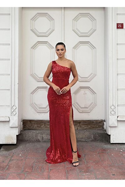 SELİN MODA EVİ فستان تريند مخملي بفتحة حمراء 583150