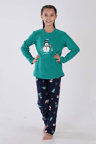 VİENETTA Kız Çocuk Yeşil Renk Uzun Kollu Bisiklet Yaka Polar Pijama Takımı C2T0N0503