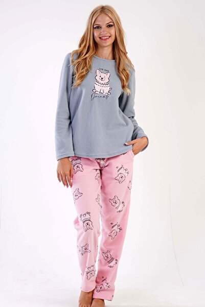 VİENETTA Set de pijamale din lână pentru femei, cu mâneci lungi, cu decolteu rotund, cu picioare drepte, C2T7N1303