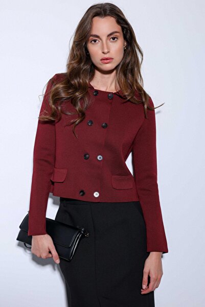 Antioch Burgundy Double-Breasted Closure Women's Knitwear Cardigan