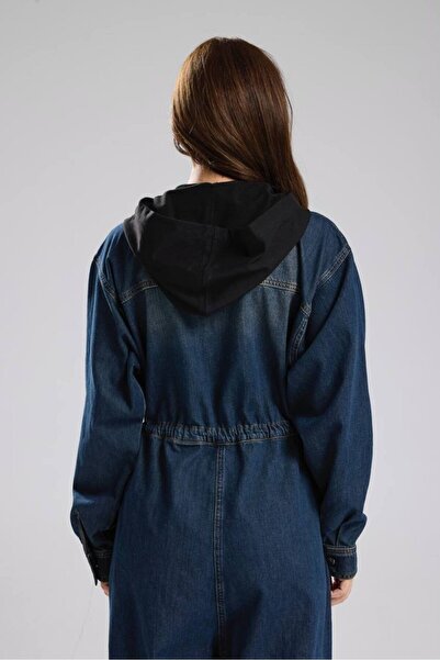 tw3 Women's Denim Fabric and Knitted Fabric Garnished Jumpsuit