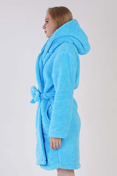VİENETTA Women's Turquoise Color Welsoft Fabric Hooded Belted Midi Length Dressing Gown with Pockets C7T5N0603
