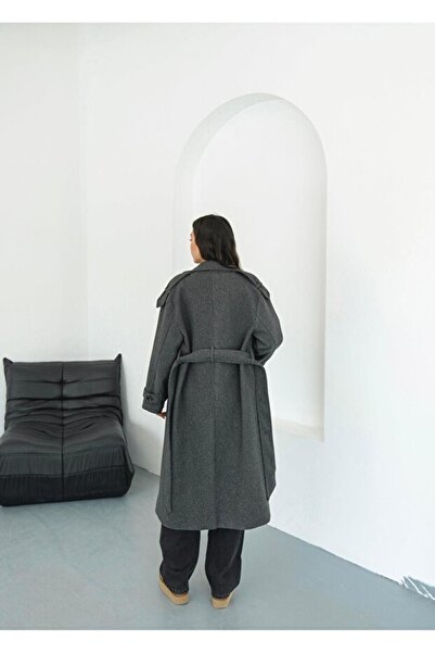 Behills Women's Anthracite Cashmere Coat Long Winter Belted Stylish Overcoat Jacket