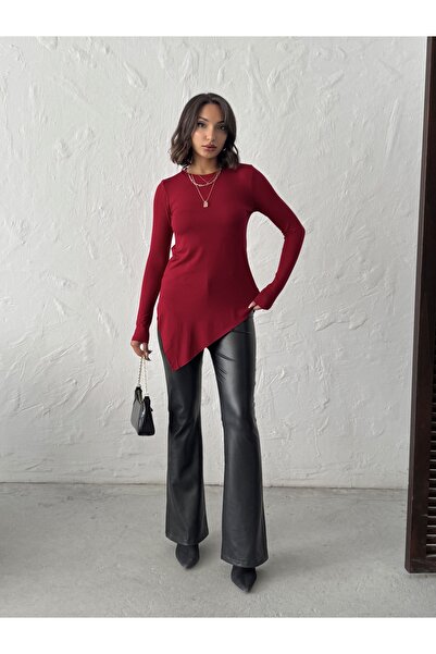 MELA ROSSA Γυναικεία μπλούζα με ασύμμετρη φούστα μπορντό με λαιμόκοψη από βισκόζη ελαστάνη