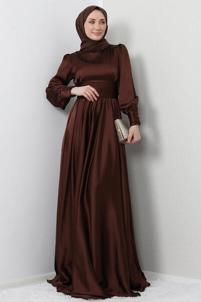 GİZ AGİYİM Pleated Waist Satin Evening Dress Bitter Brown