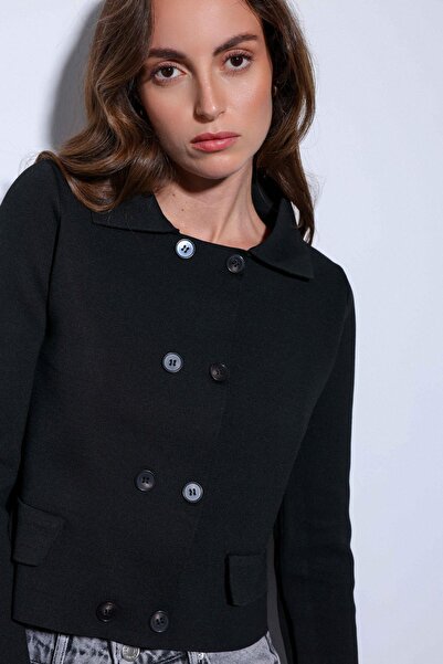 Antioch Black Double-Breasted Closure Women's Knitwear Cardigan