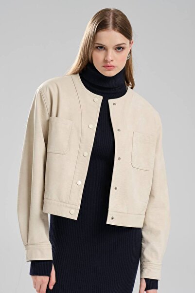 tw3 Women's Faux Leather Crew Neck Design Jacket