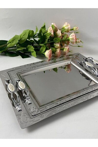 Viyalente 2-Piece Rectangular Stainless Steel Presentation Tray Serving and Tea Tray