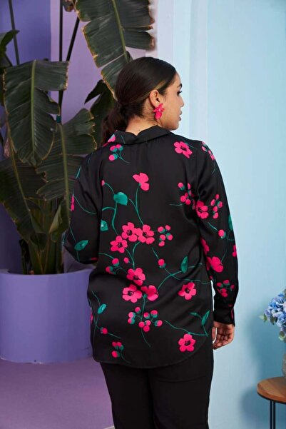 RMG Gamze Moda Flower Patterned Plus Size Satin Shirt