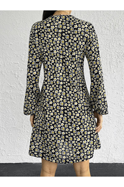 JANES Women's Long Sleeve V-neck Floral Patterned Helen Fabric Dress