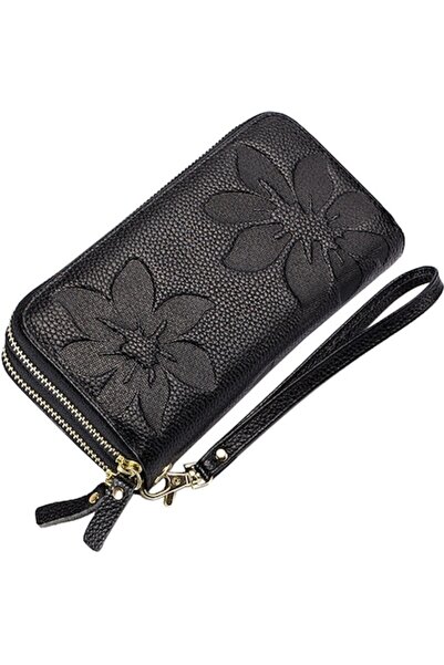 OptimStar Women's wallet, genuine leather, RFID protection, 2 main compartments, 19x10x4.5cm, Black