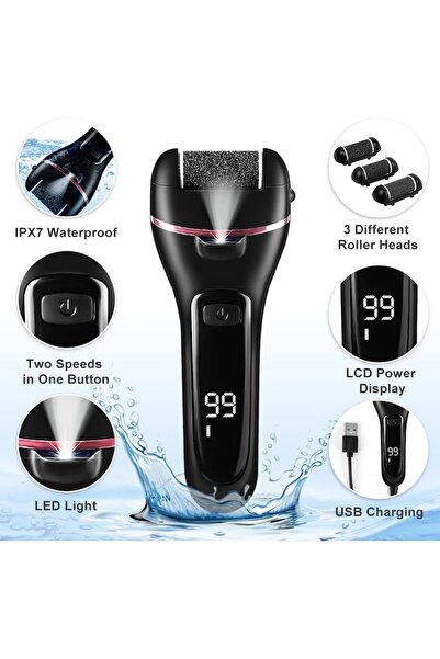 OEM Electric Foot File for Heels and Soles, 1200 mAh, 2 speeds, 3 rollers, Digital Display, LED, Black