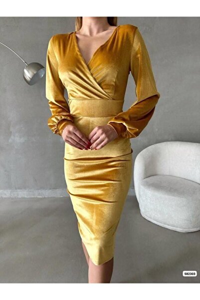 Modafeminen Velvet Fabric Long Sleeve Double Breasted Dress 582303 Yellow