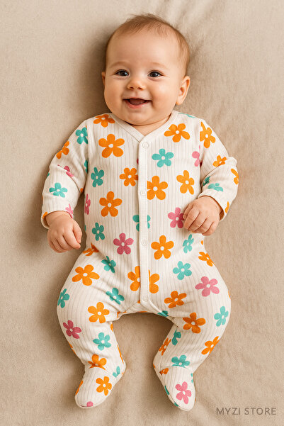 MYZİ STORE Newborn Baby Romper with Floral Pattern – 100% Cotton, Soft Textur...