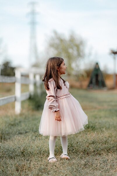 miabambim Rosa Kadife Kabarık Tüllü Kız Çocuk Elbise Pembe