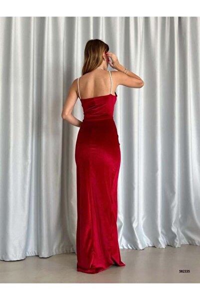 Modafeminen Kadife Esnek Kumaş Taş Askı Pile Detaylı Yırtmaçlı Abiye Elbise 582335 KIRMIZI