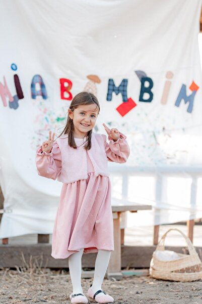 miabambim Kürklü Nubuk Kumaş Fiyonk Nakışlı Elbise Pembe