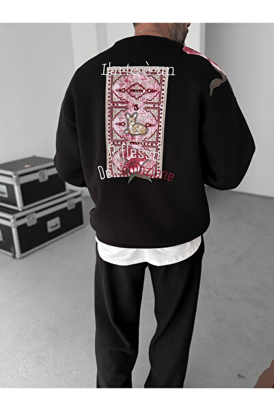 BYBASICMAN Siyah Çiçek Baskılı Nakışlı Sweatshirt TW-7053