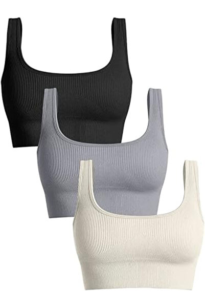 NO BRAND Women's 3 Piece Medium Support Tank Top Ribbed Seamless Removable Cups Workout Exercise Sport