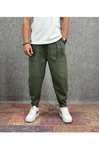 FıttingRoom Khaki Baggy Pants with Elastic Waistband and Ribbed Detail on the...