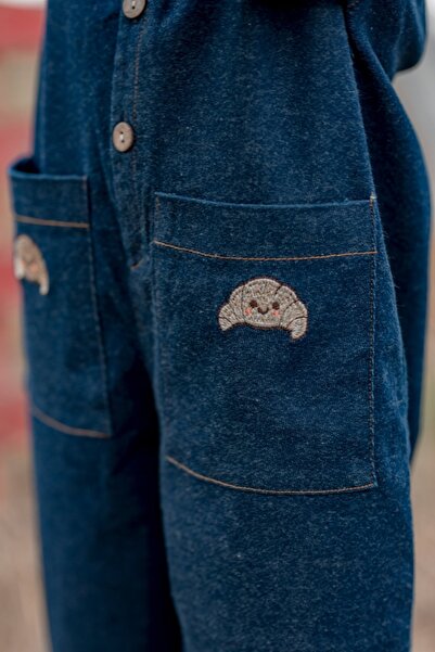 miabambim Croissant Embroidered Denim Overalls Unisex Navy Blue