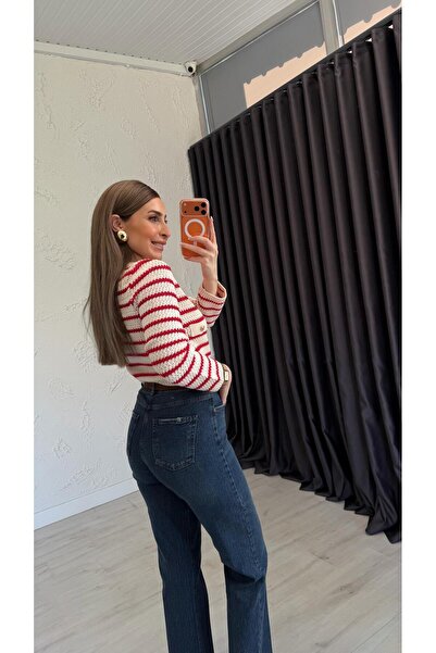 elif teke Çizgili Hmm Gold Düğmeli Triko Hırka Kırmızı