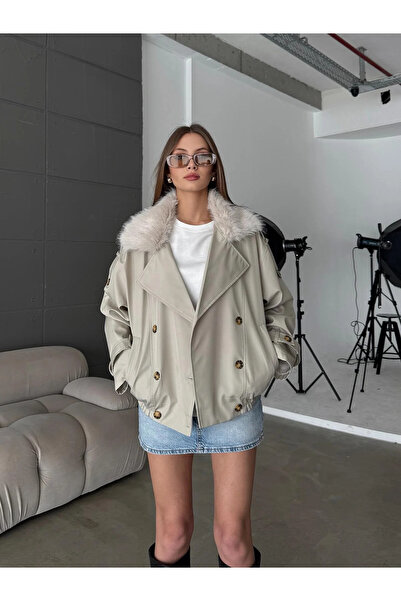 BLACKPERA Yakası Kürk Detay Düğmeli Cepli Astarlı Premium Trenç Ceket